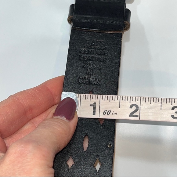 BASS Black LEATHER Cut Outs 1.5” Belt Silver SQUARE Buckle 39” Long medium boho - Picture 4 of 15